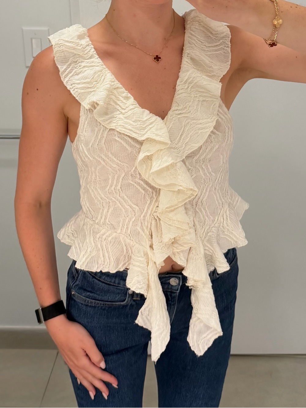 Zara Cream Ruffle V-Neck Sleeveless Camisole